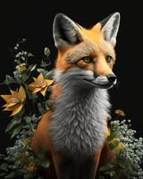 orange fox portrait with gren flowers make glossy image photo