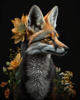 orange fox portrait with gren flowers make glossy on black background photo