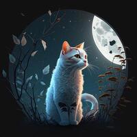 beautiful white cat in front of full moon photo