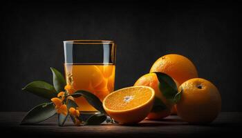 fresh orange juice in the glass with orange on dark background photo