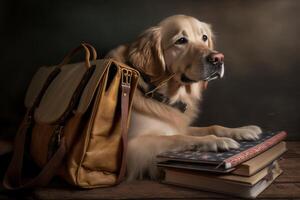 golden retriever dog in USA with bag and books for study photo