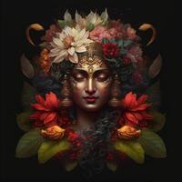 hindu india goddess lakshmi head morphing into flowers photo