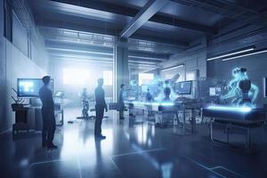 Computer aided manufacturing M2M automation technology industry 4.0 engineering, 3D robot teamwork working meeting in factory futuristic metaverse cyber digital world photo