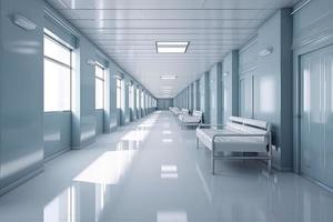 Long hospital bright corridor with rooms and blue seats 3D rendering photo