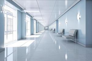 Long hospital bright corridor with rooms and blue seats 3D rendering photo