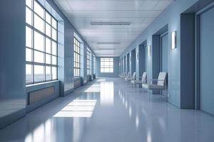 Long hospital bright corridor with rooms and blue seats 3D rendering photo