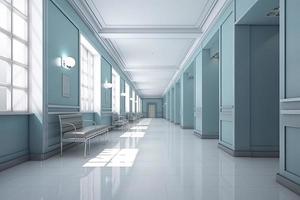 Long hospital bright corridor with rooms and blue seats 3D rendering photo