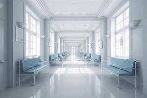 Long hospital bright corridor with rooms and blue seats 3D rendering photo