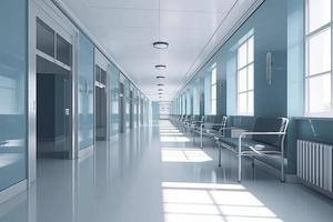 Long hospital bright corridor with rooms and blue seats 3D rendering photo