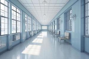 Long hospital bright corridor with rooms and blue seats 3D rendering photo