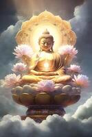 buddha in buddhism sits on a cloud surrounded by pink lotus photo