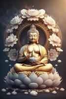 Buda en budismo se sienta en un hermosa rosado loto generativo ai foto