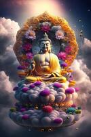 Buda en budismo se sienta en un nube rodeado por flores generativo ai foto