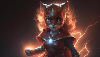 cute Tigon as Super Hero art red dress glowing eyes photo