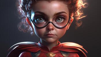 cute girl as Super Hero art red dress glowing eyes face image photo