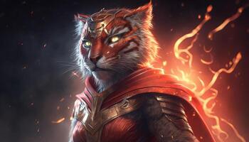 cute Tiger as Super Hero art red dress glowing eye image photo