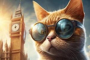 cute cat in travelling near big ben with fancy sun glasses cool image photo