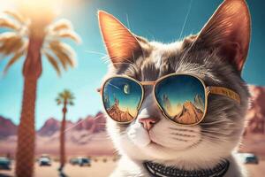 A cat wearing sun glasses on a las vegas beach photo