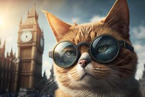 cute cat in travelling near big ben with fancy sun glasses photo