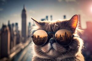 linda frio gato en de viaje nuevo York con lujoso Dom lentes generativo ai foto