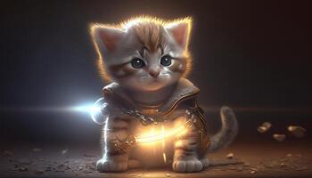 pequeño gatito en un súper héroe disfraz cinematográfico ligero generativo ai foto