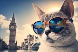 cute cat in travelling near big ben with fancy sun glasses image photo