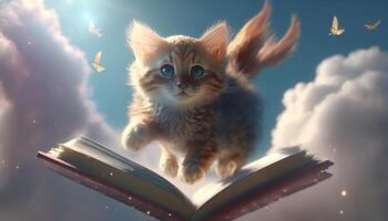 cute kitten flying with books knowledge cloud art photo