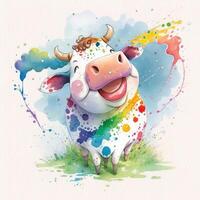 a happy cow. Style of a messy children's book illustration generative AI photo