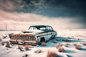 un antiguo oxidado fuera coche en un Nevado campo un valores foto generativo ai