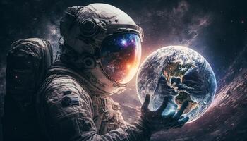 An astronaut close up image holding a planet in his hands photo