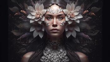 beautiful epic ancient women wearing flower and leaves dress generative AI photo