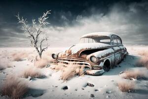 an old rusted out car in a snowy field image photo