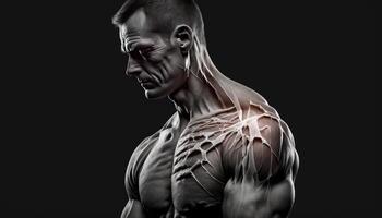 Severe Shoulder Pain of a muscle man black and white image photo