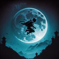 Ninja flying trough the Night in front of Full moon photo