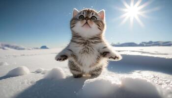 A cute little chubby cat on snow mountain image photo