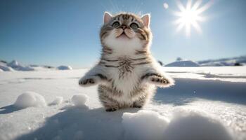 A cute little chubby cat on snow mountain image photo