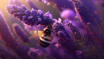 miel abeja en hermosa lavanda planta imagen generativo ai foto