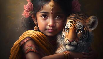 pequeño bebé Durga con bebé Tigre linda 8k imagen generativo ai foto