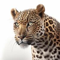 leopardo cara cerca arriba imagen en blanco antecedentes generativo ai foto