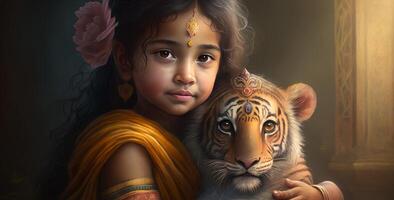 cute little Durga holding Baby Tiger Cute 8k image photo