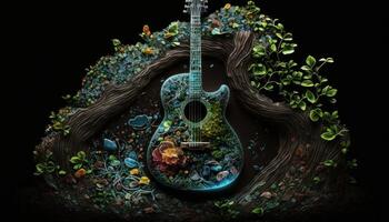 naturaleza guitarra cubierto por hojas en negro suelo generativo ai foto