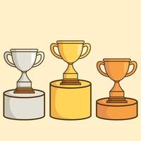 Gold, silver, and bronze trophy cartoon icon collection. Winner cups with star in flat style. Vector flat outline icon