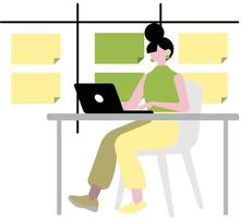 Woman working on laptop in office. Vector illustration in flat style.