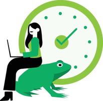 Frog and woman with laptop. Time management concept. Vector illustration