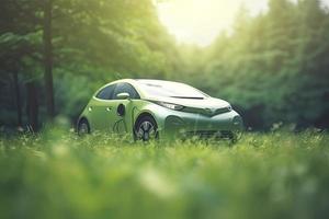 electric car with green leaf icon on blur grass background, ecology and environment concept photo