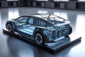 Electric car research and development with 3d rendering ev car with pack of battery cells module on platform photo