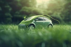 electric car with green leaf icon on blur grass background, ecology and environment concept photo