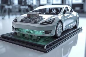 eléctrico coche investigación y desarrollo con 3d representación ev coche con paquete de batería células módulo en plataforma foto