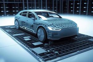 Electric car research and development with 3d rendering ev car with pack of battery cells module on platform photo