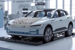 Electric car research and development with 3d rendering ev car with pack of battery cells module on platform photo